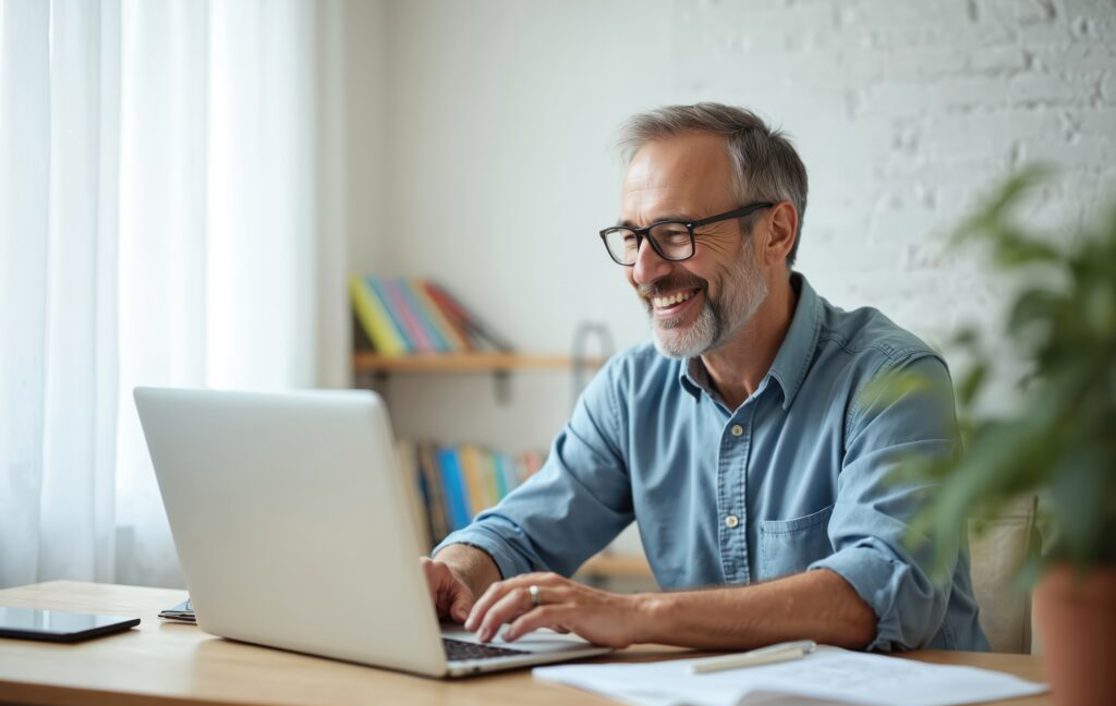 Senior male alone sat, looking and smiling at his laptop