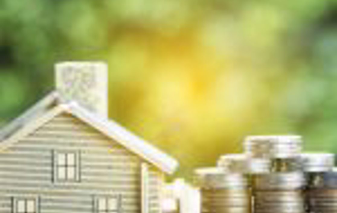 A small house next to a pyramid of coins and a green shrub background